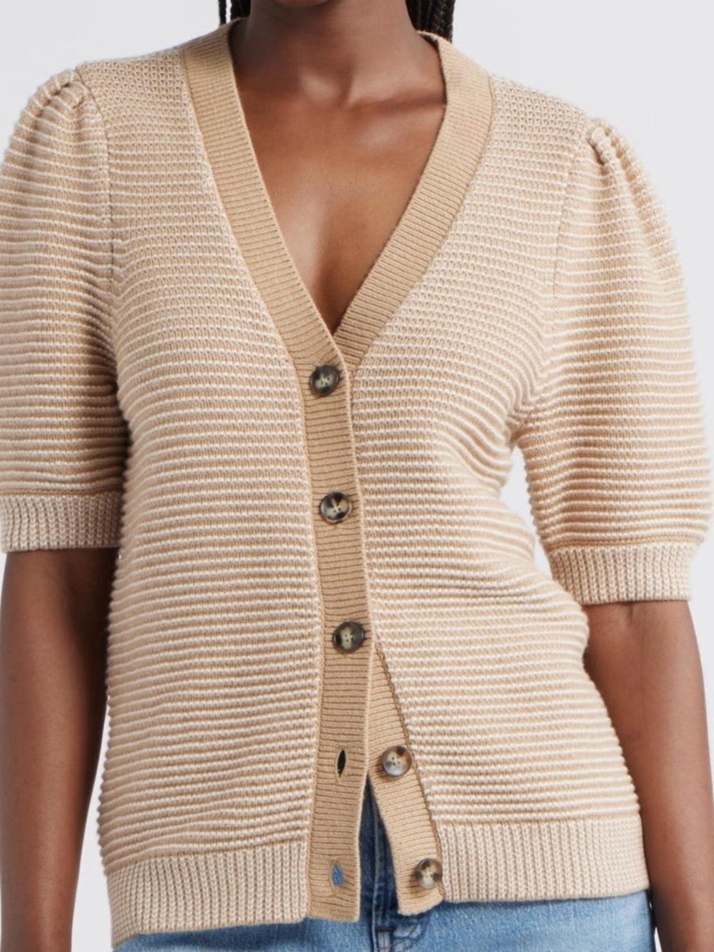 Caslon Beige V-Neck Short Sleeve Button Cardigan